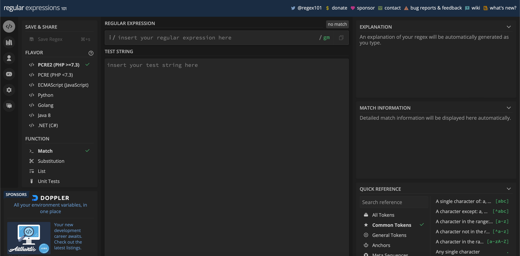 Regex101 homepage
